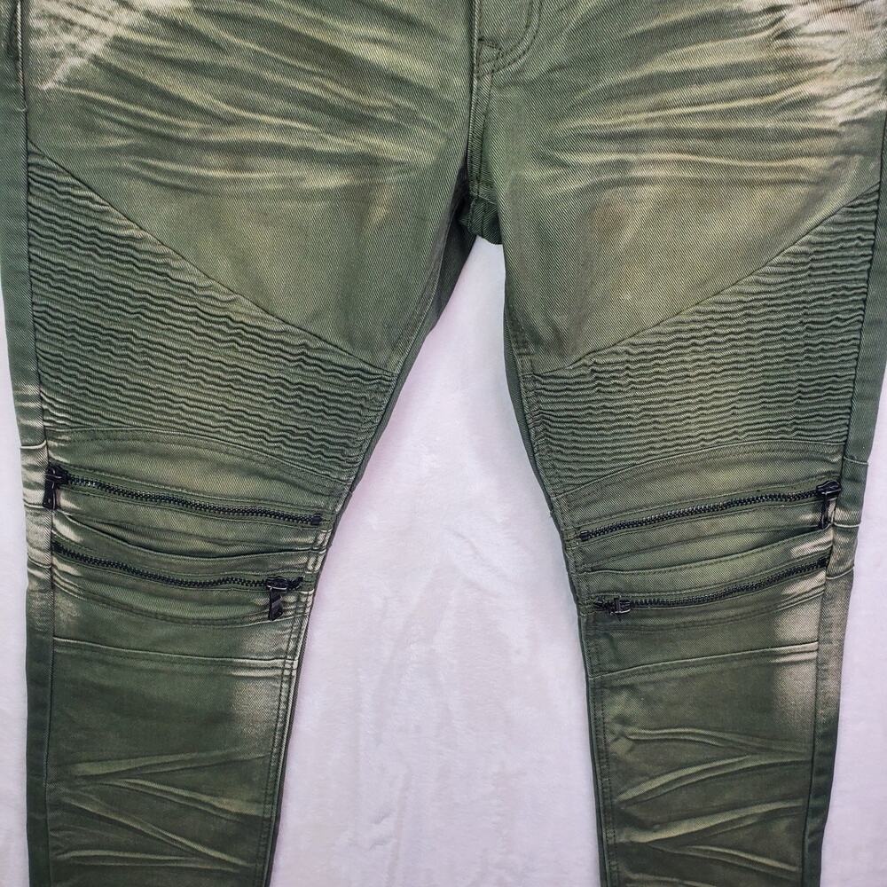 Smoke Rise Jeans Mens Olive Green Moto Biker Zip Accent Stretch Mens Sz 38 x 34 - Picture 3 of 9